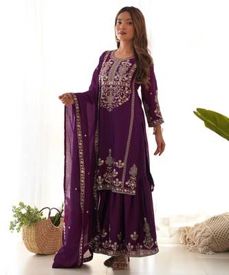 Purple chinon silk embroidery party wear sharara suit set 2