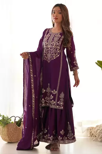 Purple chinon silk embroidery party wear sharara suit set