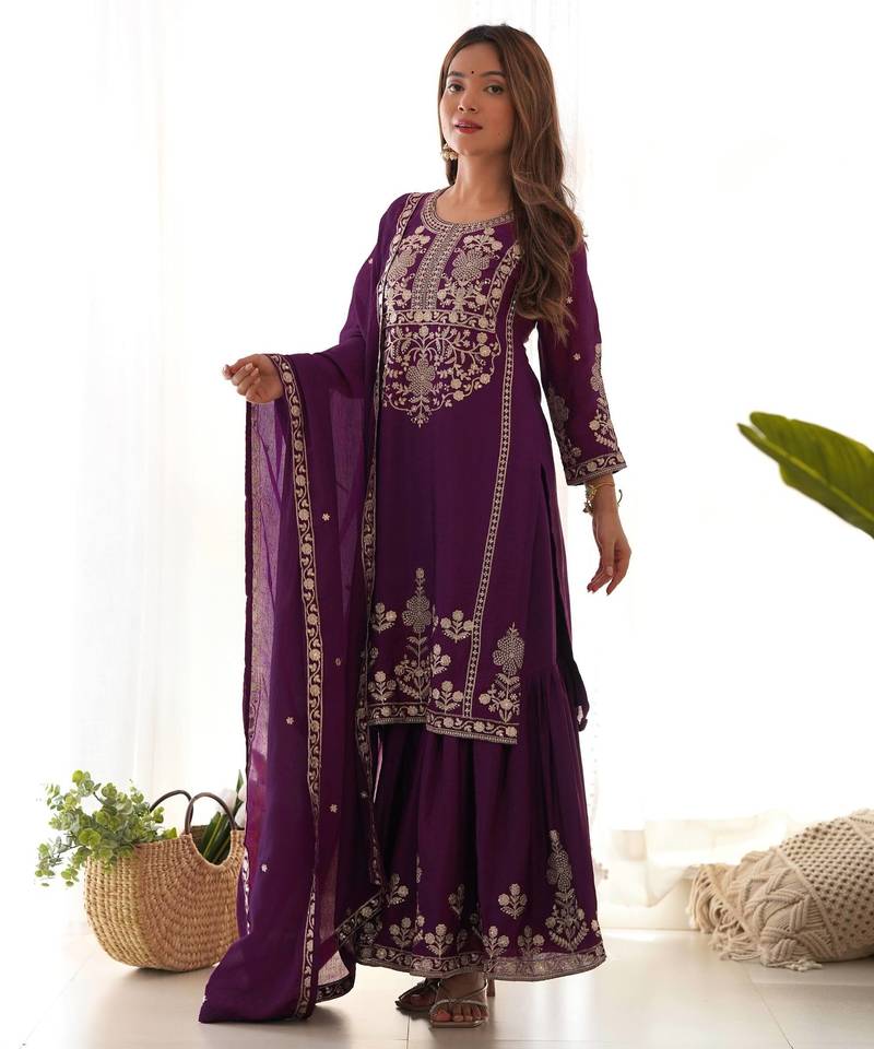 Purple chinon silk embroidery party wear sharara suit set