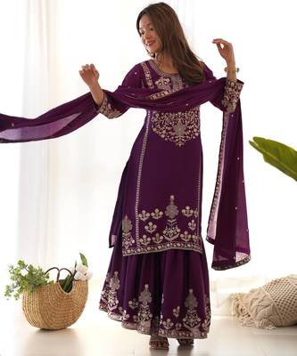 Purple chinon silk embroidery party wear sharara suit set 3