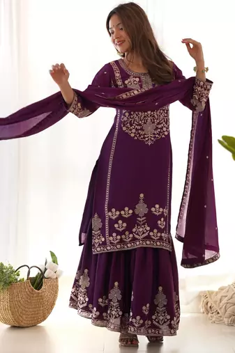 Purple chinon silk embroidery party wear sharara suit set