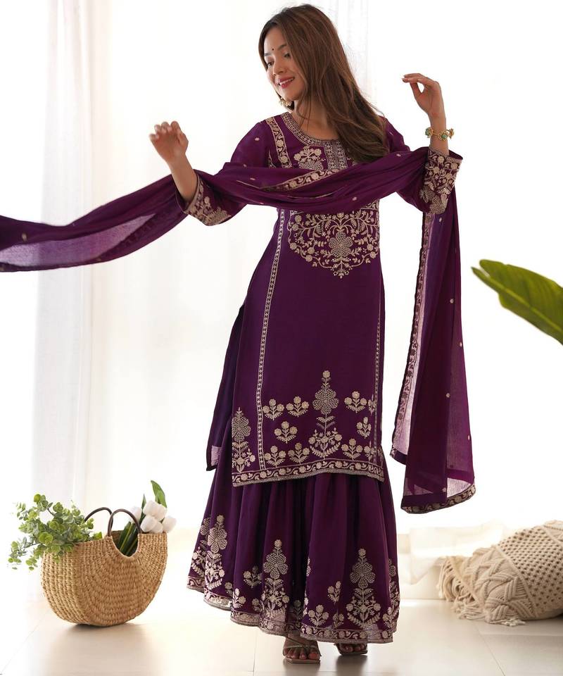 Purple chinon silk embroidery party wear sharara suit set