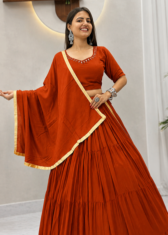 Orange Handmade Mirror Work Cotton Navratri Lahenga Choli Set