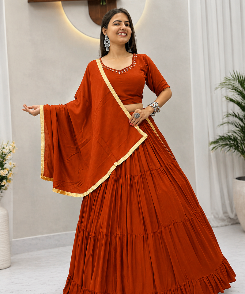 Orange Handmade Mirror Work Cotton Navratri Lahenga Choli Set