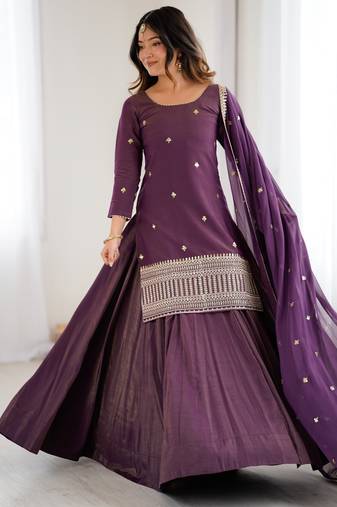 Wine chinon silk embroidery party wear sharara suit set