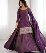 Wine chinon silk embroidery party wear sharara suit set