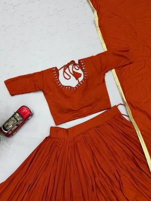 Orange Handmade Mirror Work Cotton Navratri Lahenga Choli Set 3