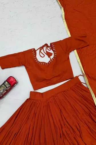 Orange Handmade Mirror Work Cotton Navratri Lahenga Choli Set