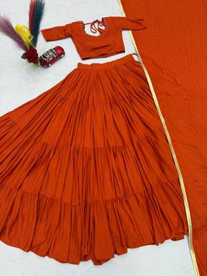 Orange Handmade Mirror Work Cotton Navratri Lahenga Choli Set 4