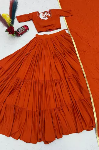 Orange Handmade Mirror Work Cotton Navratri Lahenga Choli Set