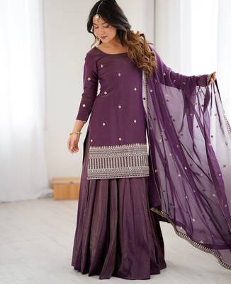 Wine chinon silk embroidery party wear sharara suit set 2