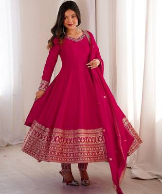 Pink  vichitra silk embroidery party wear anarkali  suit set 1