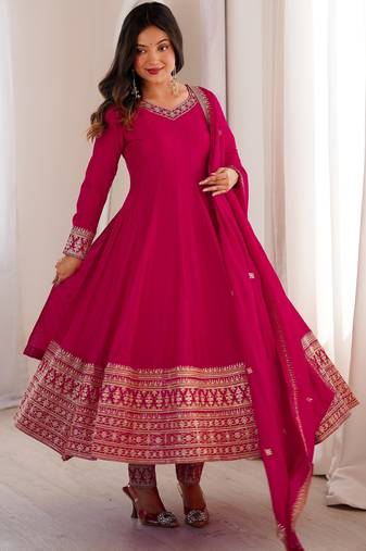 Pink  vichitra silk embroidery party wear anarkali  suit set