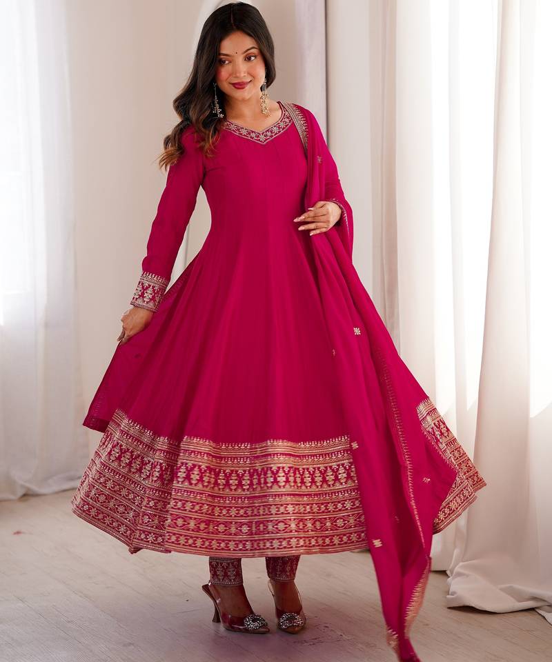 Pink  vichitra silk embroidery party wear anarkali  suit set