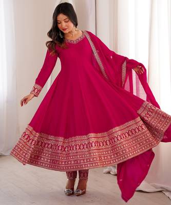 Pink  vichitra silk embroidery party wear anarkali  suit set 2