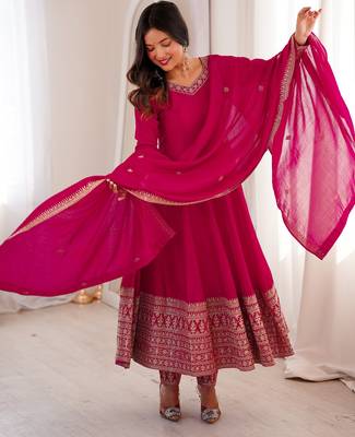 Pink  vichitra silk embroidery party wear anarkali  suit set 3
