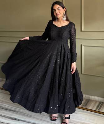 Black fuax georgette embroidery party wear anarkali  suit set 1