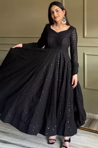 Black fuax georgette embroidery party wear anarkali  suit set