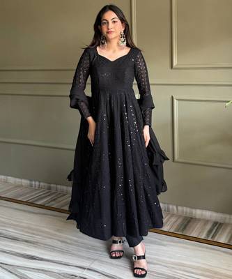 Black fuax georgette embroidery party wear anarkali  suit set 3