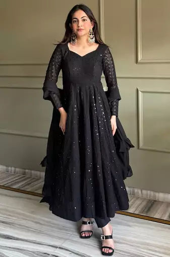 Black fuax georgette embroidery party wear anarkali  suit set