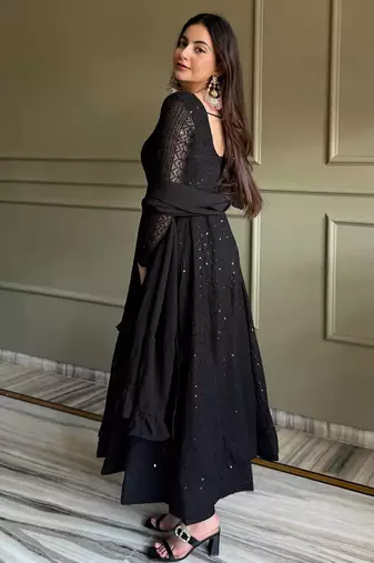 Black fuax georgette embroidery party wear anarkali  suit set