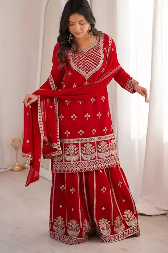 Red fuax georgette embroidery party wear sharara  suit set
