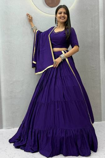 Purple Handmade Mirror Work Cotton Navratri Lahenga Choli Set