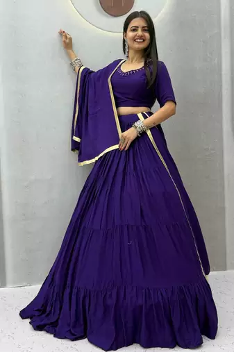 Purple Handmade Mirror Work Cotton Navratri Lahenga Choli Set