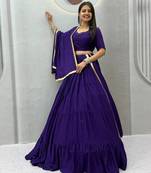 Purple Handmade Mirror Work Cotton Navratri Lahenga Choli Set