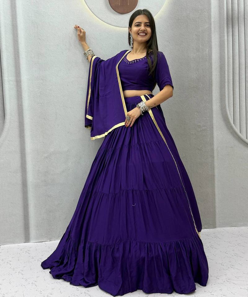Purple Handmade Mirror Work Cotton Navratri Lahenga Choli Set
