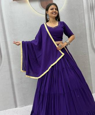 Purple Handmade Mirror Work Cotton Navratri Lahenga Choli Set 2