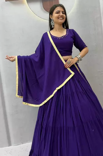Purple Handmade Mirror Work Cotton Navratri Lahenga Choli Set