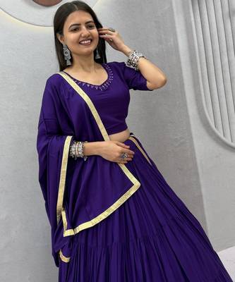 Purple Handmade Mirror Work Cotton Navratri Lahenga Choli Set 3