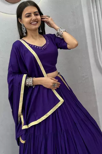 Purple Handmade Mirror Work Cotton Navratri Lahenga Choli Set