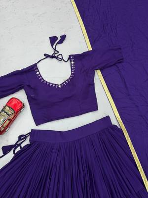 Purple Handmade Mirror Work Cotton Navratri Lahenga Choli Set 4
