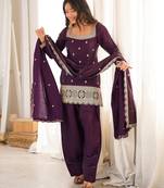 Wine roman  silk embroidery party wear sharara suit set