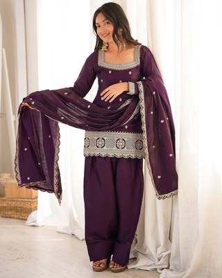 Wine roman  silk embroidery party wear sharara suit set 2