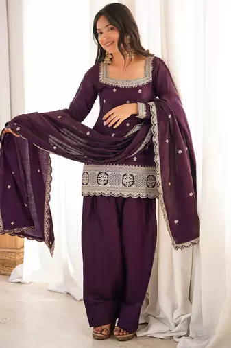 Wine roman  silk embroidery party wear sharara suit set