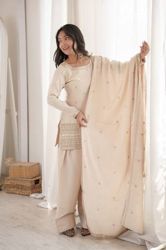 Cream roman silk embroidery party wear sharara suit set