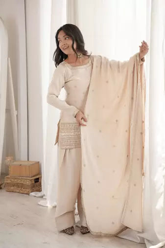 Cream roman silk embroidery party wear sharara suit set