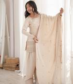 Cream roman silk embroidery party wear sharara suit set