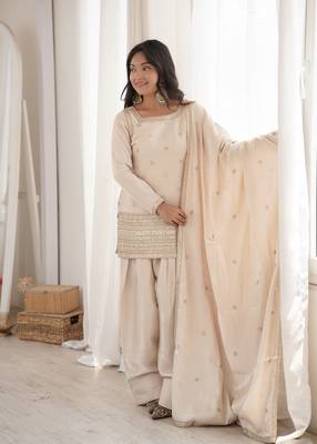 Cream roman silk embroidery party wear sharara suit set 2