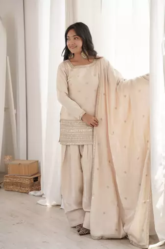 Cream roman silk embroidery party wear sharara suit set