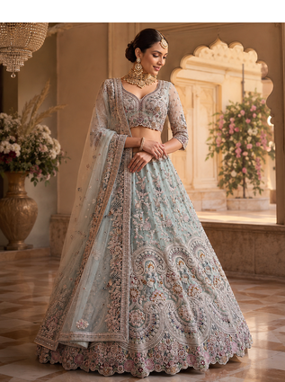 sky blue colour Peacock Embroidery and Sequins and thread work net Lehenga Choli Set 1