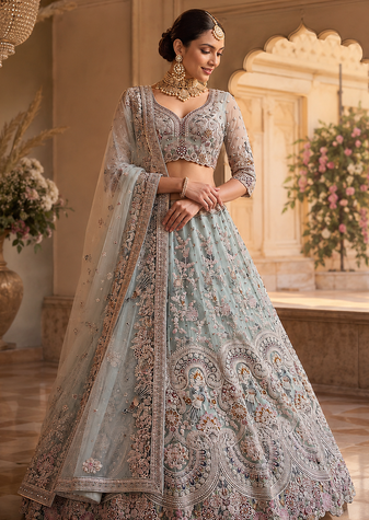 sky blue colour Peacock Embroidery and Sequins and thread work net Lehenga Choli Set