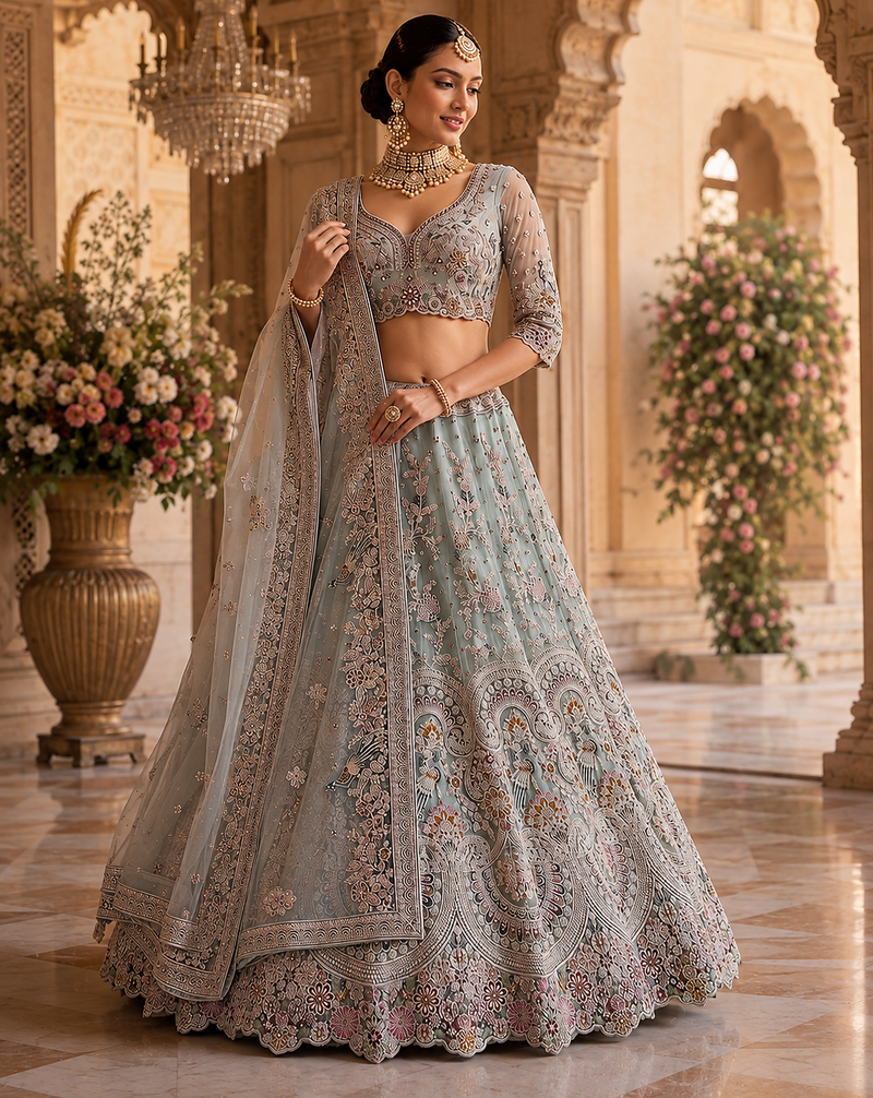 sky blue colour Peacock Embroidery and Sequins and thread work net Lehenga Choli Set