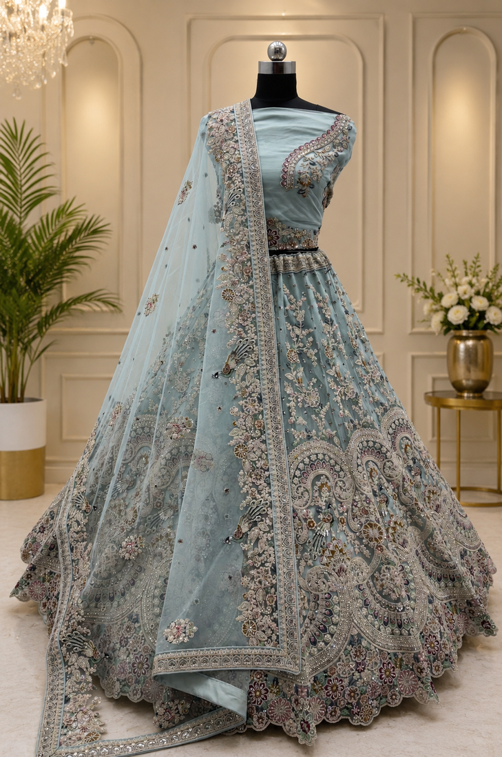 sky blue colour Peacock Embroidery and Sequins and thread work net Lehenga Choli Set
