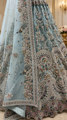 sky blue colour Peacock Embroidery and Sequins and thread work net Lehenga Choli Set 4