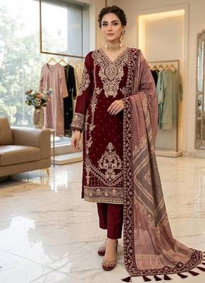 maroon color embroidery work geogette salwar suit 1