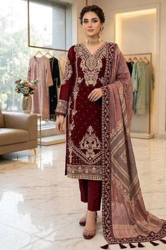 maroon color embroidery work geogette salwar suit